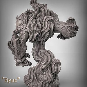 May include: A gray, sculpted figurine of a fire elemental with a humanoid form and a flowing, flame-like body. The figurine is posed in a dynamic stance, with one arm raised and the other bent at the elbow. The base of the figurine is a swirling mass of flames. The text "Ryan" is written below the figurine.