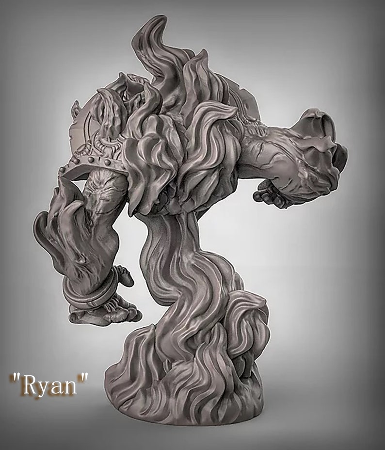 May include: A gray, sculpted figurine of a fire elemental with a humanoid form and a flowing, flame-like body. The figurine is posed in a dynamic stance, with one arm raised and the other bent at the elbow. The base of the figurine is a swirling mass of flames. The text "Ryan" is written below the figurine.