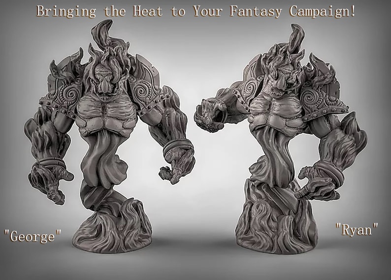 May include: Two gray, detailed miniature figures of humanoid figures made of swirling smoke and fire. The figures are posed in a dynamic stance, with one figure facing forward and the other facing to the side. The figures are labeled "George" and "Ryan".
