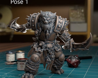 May include: A detailed miniature figurine of a werewolf warrior, painted in a bronze color. The figure is wearing armor and holding a pair of daggers. The figure is standing on a green cutting mat with a ruler and dice.