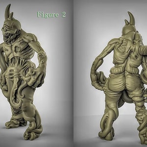 May include: A green, detailed, 3D printed miniature figure of a creature with a single horn on its head, multiple tentacles, and a grotesque, fleshy appearance. The figure is posed in a standing position with its arms bent at the elbows.