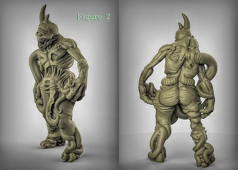 May include: A green, detailed, 3D printed miniature figure of a creature with a single horn on its head, multiple tentacles, and a grotesque, fleshy appearance. The figure is posed in a standing position with its arms bent at the elbows.