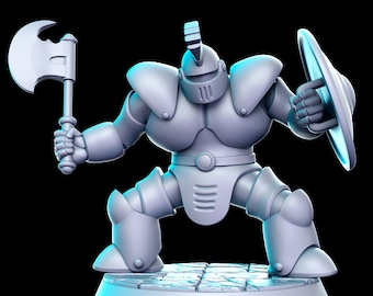 May include: A silver-colored, armored, miniature figure of a warrior holding an axe and a shield. The figure is standing on a circular base with a stone-like texture.