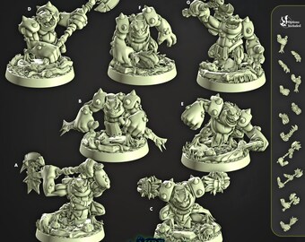 May include: Seven 3D printed miniature figures of green, armored, goblin-like creatures with various poses and weapons. The figures are standing on circular bases with a grassy texture. The text "Atxe Raiders" and "653" are visible at the bottom of the image.