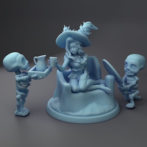 Cutesy Sand Witch Necromancer and Skeleton Minis D&D Resin 28mm or 32mm Miniature Dungeons and Dragons DnD Pathfinder Tabletop Twin Goddess