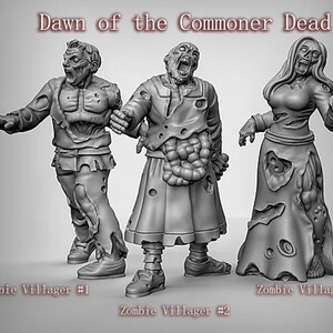 May include: Three gray painted miniature figures of zombies, each with a different pose and expression. The figures are labeled "Zombie Villager #1", "Zombie Villager #2", and "Zombie Villager #3".