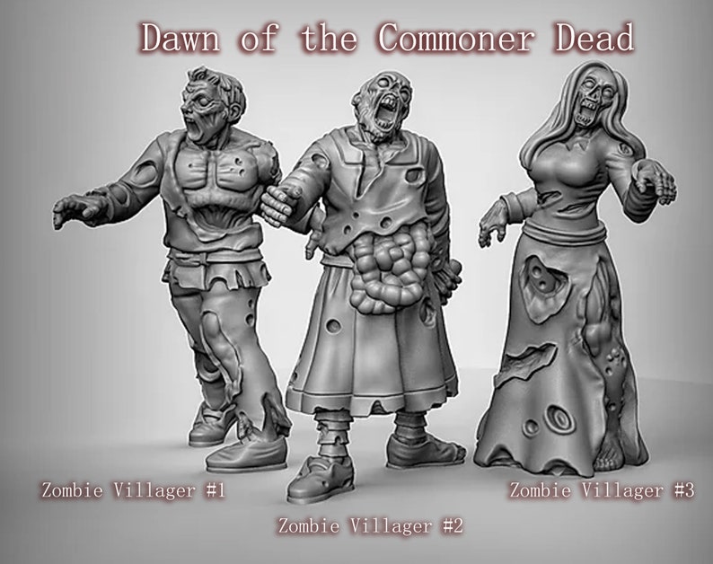 May include: Three gray painted miniature figures of zombies, each with a different pose and expression. The figures are labeled "Zombie Villager #1", "Zombie Villager #2", and "Zombie Villager #3".