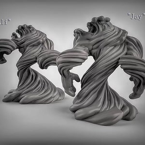 May include: Two gray, abstract, 3D printed sculptures of swirling, textured forms. The sculptures are labeled "Ali" and "Jay".