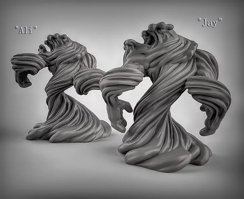 May include: Two gray, abstract, 3D printed sculptures of swirling, textured forms. The sculptures are labeled "Ali" and "Jay".
