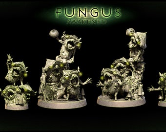 May include: A set of seven grey and green painted miniature figurines of a fungus monster with multiple eyes and mouths. The figurines are arranged in a row from smallest to largest. The largest figurine is holding a sphere in its hand. The text "FUNGUS AWAKENED" is written above the figurines.