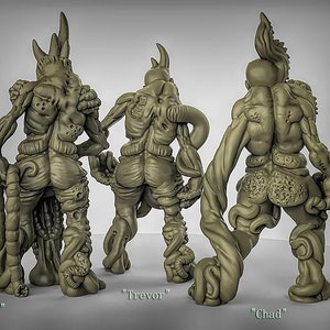 May include: Three green, detailed, 3D printed figures of humanoid creatures with various appendages and textures. The figures are labeled "Gene", "Trevor", and "Chad".