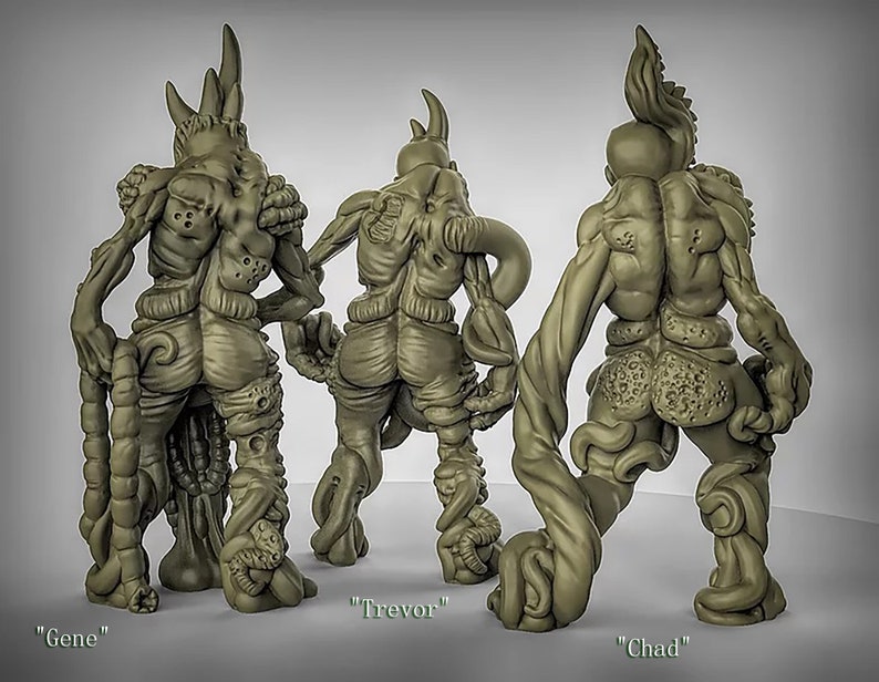 May include: Three green, detailed, 3D printed figures of humanoid creatures with various appendages and textures. The figures are labeled "Gene", "Trevor", and "Chad".
