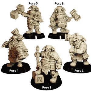 May include: Five different poses of a miniature dwarf figure holding a hammer. The dwarf is wearing a tunic and has a beard. The miniature is made of a light brown plastic.