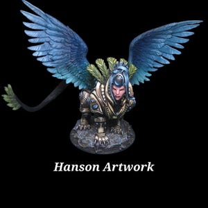 May include: A detailed figurine of a winged creature with a human face, wearing ornate armour and a headdress. The wings are a gradient of blue, and the figure is set against a black background. The text "Hanson Artwork" is at the bottom.