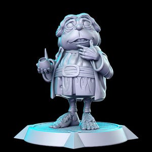 May include: A gray, hand-painted figurine of a creature with a large head, wearing a robe and holding a small object. The figurine is standing on a gray base.