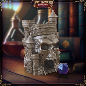May include: A silver-coloured miniature castle tower with a skull face and a dungeon entrance. The tower is a dice rolling tower for tabletop games. A purple and blue 8-sided die is sitting in front of the tower.