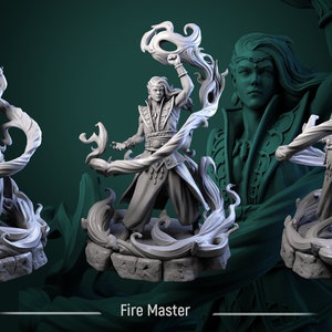 May include: A gray 3D printed miniature of a figure with long hair and a flowing robe, holding a swirling flame in their hand. The figure is standing on a base with flames around it. The text "Fire Master" is below the figure.
