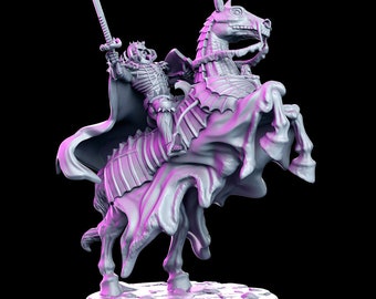 May include: A white 3D printed miniature of a skeletal knight riding a skeletal horse. The knight is holding a sword in his right hand and has a cape flowing behind him. The horse is rearing up on its hind legs. The miniature is set on a circular base.