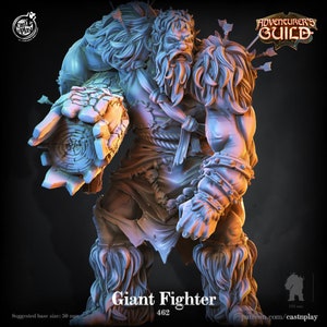 May include: A gray 3D printed miniature of a giant fighter with a club in one hand and a beard. The miniature is standing on a base and has a suggested base size of 50 mm. The miniature is part of the Adventurer's Guild collection.