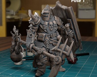 May include: A miniature figurine of a warrior with multiple faces, wearing armor and holding a flaming weapon and a shield. The figurine is painted in a bronze color and is posed in a fighting stance. The figurine is on a green mat with a ruler and a dice.