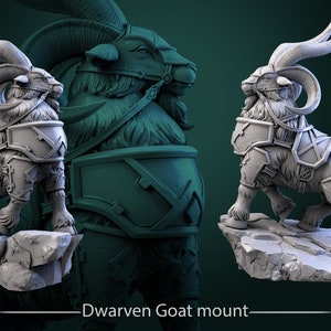 May include: A gray, detailed miniature of a dwarven goat mount, wearing armor and standing on a rocky base. The goat has large horns and a determined expression. The miniature is a tabletop game piece.