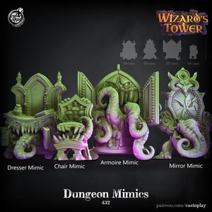 May include: Four green and purple painted miniature dungeon mimics, a dresser, chair, armoire, and mirror, with the text "Wizard's Tower" and "Dungeon Mimics 432" above them.