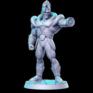 Puede incluir: Una figura impresa en 3D de color blanco de un personaje de una popular serie de anime. El personaje está de pie con un brazo levantado y una mano extendida. El personaje tiene un peinado puntiagudo y lleva un traje detallado con una pieza de pecho texturizada.