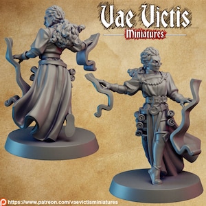 May include: A gray 3D printed miniature of a person wearing a long robe and holding scrolls. The miniature is posed with one hand raised and the other holding a scroll. The miniature is standing on a round base.