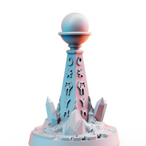 May include: A white ceramic obelisk with a sphere on top and a base with crystal-like formations. The obelisk is decorated with symbols and glyphs.