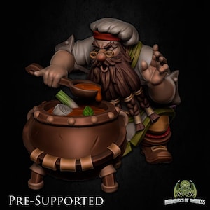 May include: A detailed figurine of a dwarf chef stirring a pot of soup. The chef wears a white hat and apron, with a red headband and a long, braided brown beard. The pot is brown with decorative metal bands and contains vegetables. The text "PRE-SUPPORTED" is at the bottom.