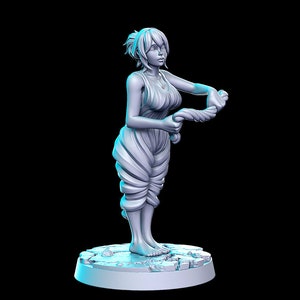May include: A gray figurine of a woman with short hair, wearing a flowing garment, standing on a broken stone base.