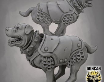 May include: Two grey dog figurines, one atop the other, both wearing armour with scale-like detailing. The dogs have spiked collars and are in a running pose. The logo "DUNCAN SHADOW" is in the lower right corner.