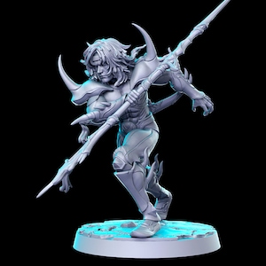 May include: A gray 3D printed miniature figurine of a warrior with horns and a spear. The figurine is posed in a dynamic action pose, with the spear held high.