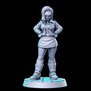 May include: A grey, unpainted figurine of a female character with short, blonde hair. She is wearing a jacket, a short skirt, and boots. The figurine is standing on a circular base.