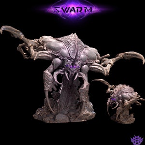 May include: A large, gray, spider-like creature with purple eyes and sharp teeth. The creature is standing on a rocky base. The word "SWARM" is written in purple letters above the creature.