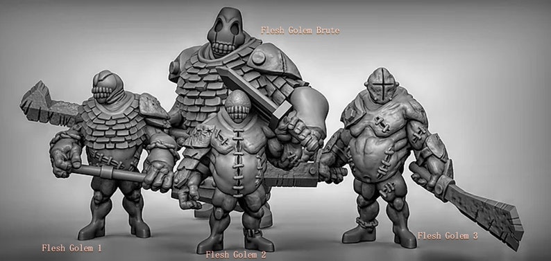 May include: Four gray flesh golem miniatures, each with a different pose and weapon. The golem on the left is holding a large axe, the golem in the middle is holding a sword, the golem on the right is holding a smaller axe, and the golem in the back is holding a large sword. The golem in the back is labeled "Flesh Golem Brute".