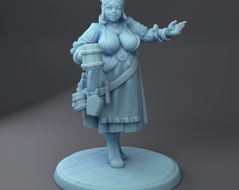 Female Barkeep Josephine and Bar Scatter Tavern Playset D&D 28mm 32mm Miniature Dungeons and Dragons DnD Tabletop Twin Goddess Display RPG