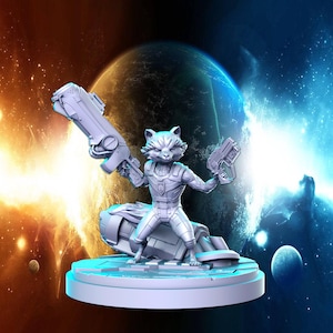 May include: A white 3D printed figurine of Rocket Raccoon from Guardians of the Galaxy. He is holding two blasters and standing on a spaceship. The background is a space scene with planets and stars.