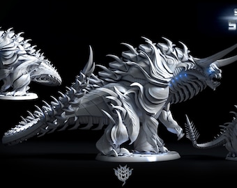 May include: A white, detailed, 3D printed miniature of a monstrous creature with a horned head, sharp teeth, and a spiky tail. The creature is posed in a dynamic stance, with its head raised and its mouth open in a roar. The miniature is part of the "Souls of Steel" collection, volume 2.