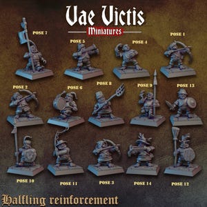May include: A collection of miniature figurines labeled "Vae Victis Miniatures." The figurines are of various poses and depict fantasy characters, including archers, warriors, and figures with weapons. The text "Halfling reinforcement" is at the bottom.