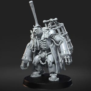 May include: A gray, detailed figurine of a robotic character with a long, vertical hat and a cage-like structure on its back. The figure has a mechanical appearance with visible gears and joints, and is standing on a black base.