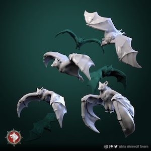 Zestaw 4 latających nietoperzy, żywica, miniaturowe figurki 28 mm i 32 mm, skala Dungeons and Dragons Pathfinder, stojak na stół, RPG, tawerna White Werewolf