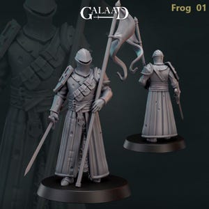 Op de afbeelding: Een grijze miniatuurfiguur van een ridder in harnas, met een zwaard en een banner. De figuur heeft een helm en een lange jas. De tekst "Frog 01" is zichtbaar. Het logo "GALAAD" is ook zichtbaar.