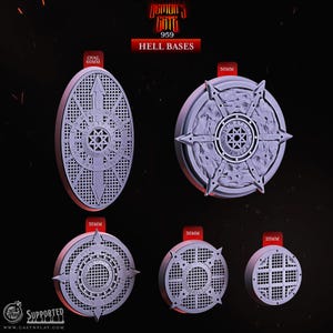 May include: A collection of gray, detailed miniature bases for tabletop gaming. The bases are various sizes, including oval 60mm, 50mm, 35mm, 30mm, and 25mm. Each base features intricate designs and patterns, with the text "Demon's Gate 959 Hell Bases".