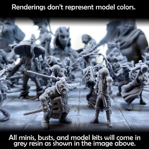 May include: A collection of grey resin miniatures, busts, and model kits. The image shows a variety of fantasy characters, including a dwarf, an elf, and a goblin. Renderings don't represent model colors. All minis, busts, and model kits will come in grey resin as shown in the image above.