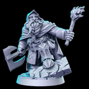 May include: A gray painted miniature figurine of a dwarf warrior wearing a hooded cloak and holding a torch and a battle axe. The dwarf has a long beard and is standing on a rocky base.