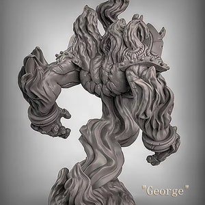 May include: A gray, sculpted figurine of a creature made of flames. The creature has a humanoid form with a large head and arms. The figurine is standing on a base of flames. The text "George" is written below the figurine.