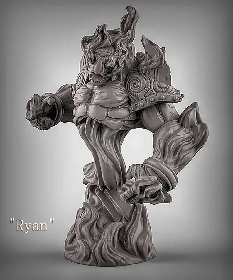 May include: A gray, detailed miniature sculpture of a humanoid figure with a fiery mane and a muscular build. The figure is standing on a base of flames. The sculpture is labeled "Ryan".