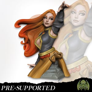 May include: A 3D-printed bust of a woman with long, flowing red hair. She wears a black top with gold trim and a mustard-colored skirt. The bust is pre-supported and ready for printing.