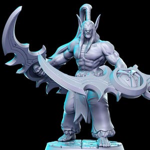 May include: A gray 3D printed miniature of a fantasy warrior with a blindfold, holding a large curved blade with intricate details. The figure is standing on a circular base.